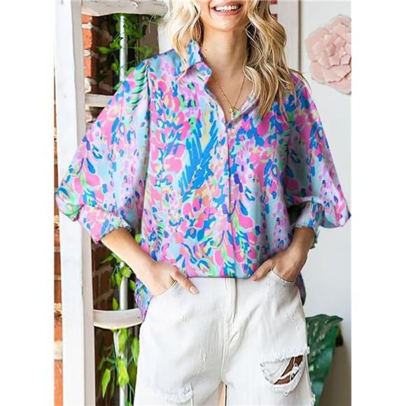 Loose V-Neck Paisley Print Lantern Sleeve Boho Blouse Top - Picture 2 of 5